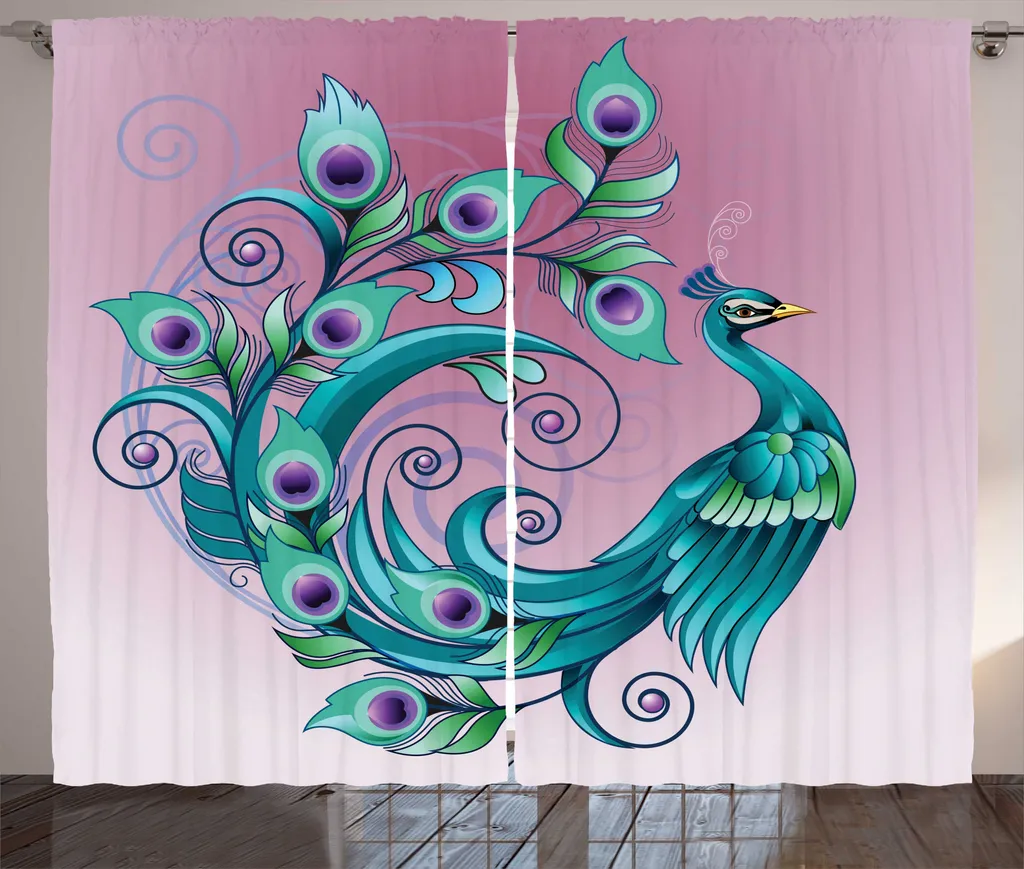 Grand rideau décoratif Paon fuchsia 280x225cm avec crochets fournis