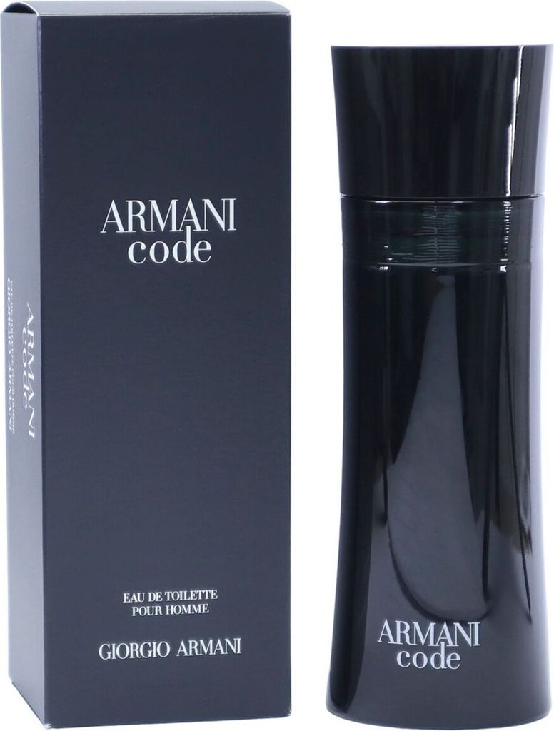 Schwarzer Armani Code Flakon neben dunkelblauer Verpackung mit weißer Aufschrift „Armani Code Eau de Toilette pour Homme Giorgio Armani“.