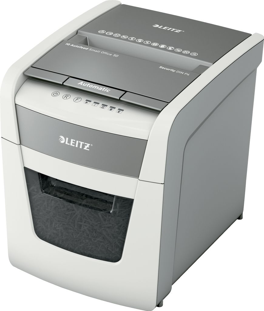 A Leitz paper shredder is shown from a three-quarter angle against a white background.