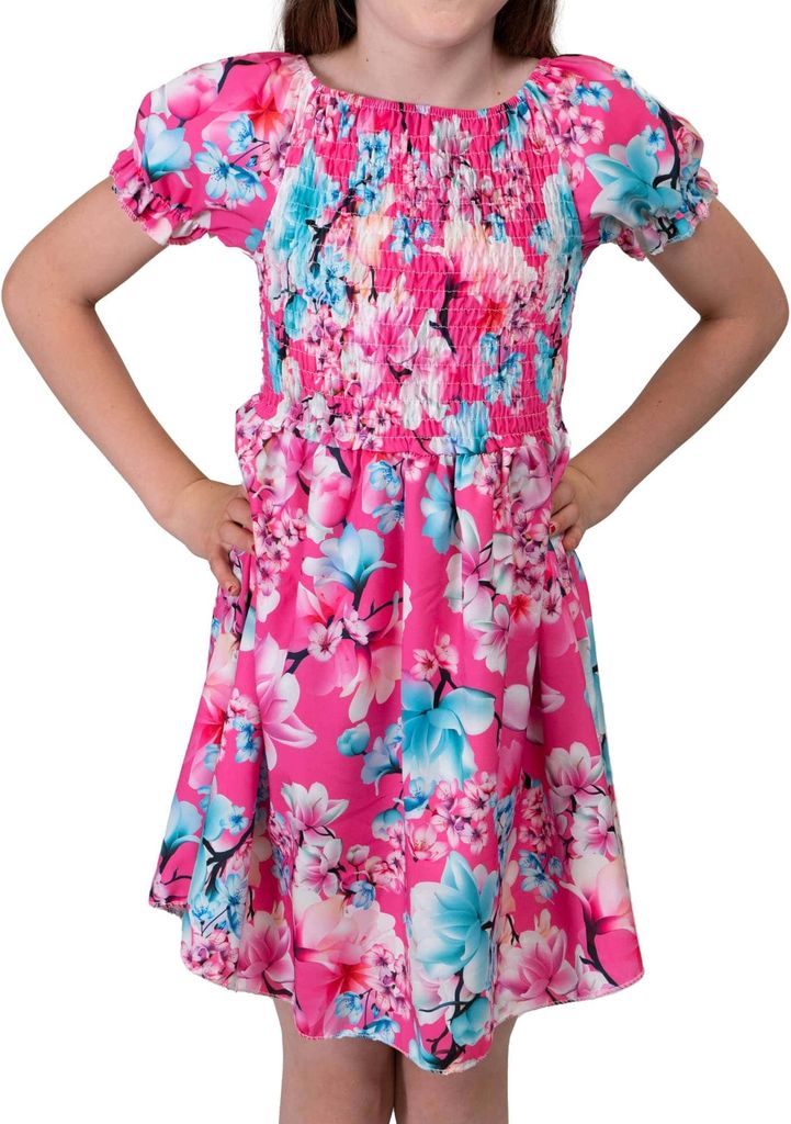 KMISSO Mädchen Kleid smoked Oberteil Puffärmel Pink 104