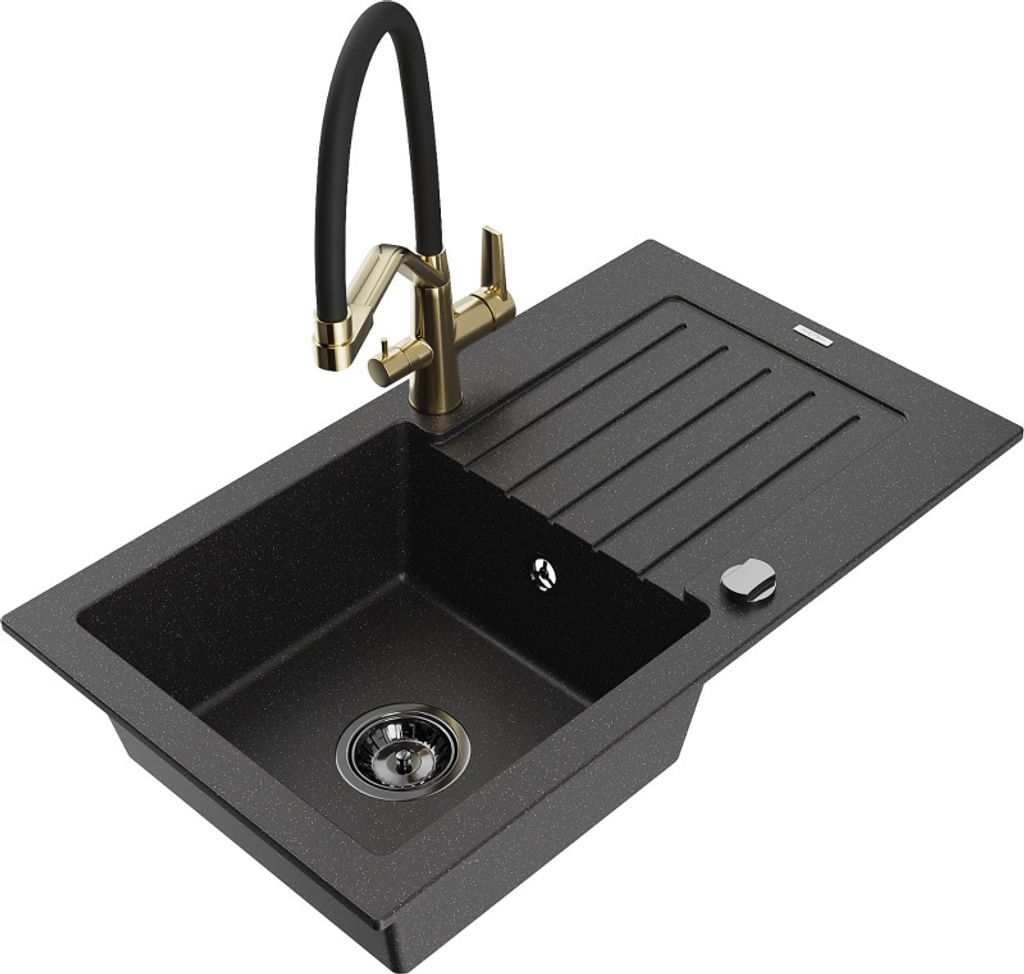 Mexen Pablo 1 Becken-Granitspüle mit Abtropffläche und Mischbatterie Duo, Schwarz/Silbermetallic - 6510-73-671701-57-B