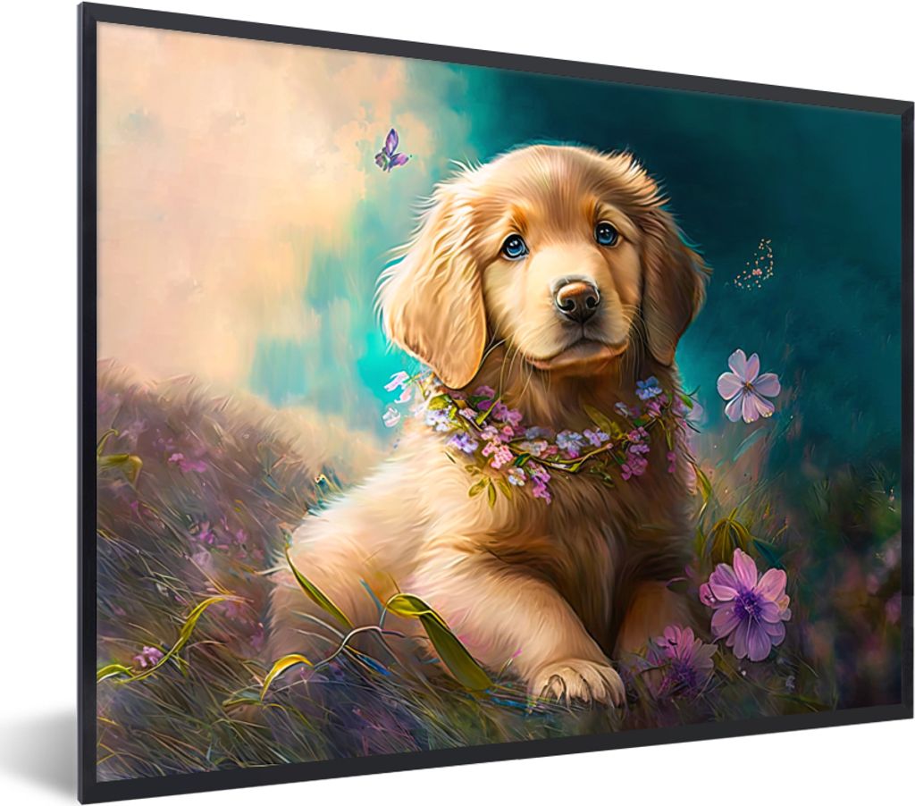 MuchoWow Gerahmtes Poster Welpe - Blumenkranz - Schmetterling - Hund - Golden Retriever 40x30 cm - Poster mit Schwarzem Bilderrahmen Wandposter R...