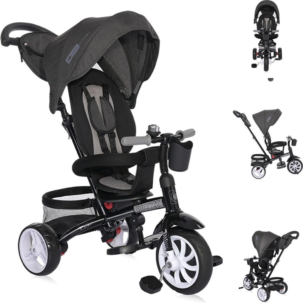 Lorelli Tricycle, Laufrad Rocket 4 in 1, Schubstange, Getränkehalter, umbaubar schwarz grau