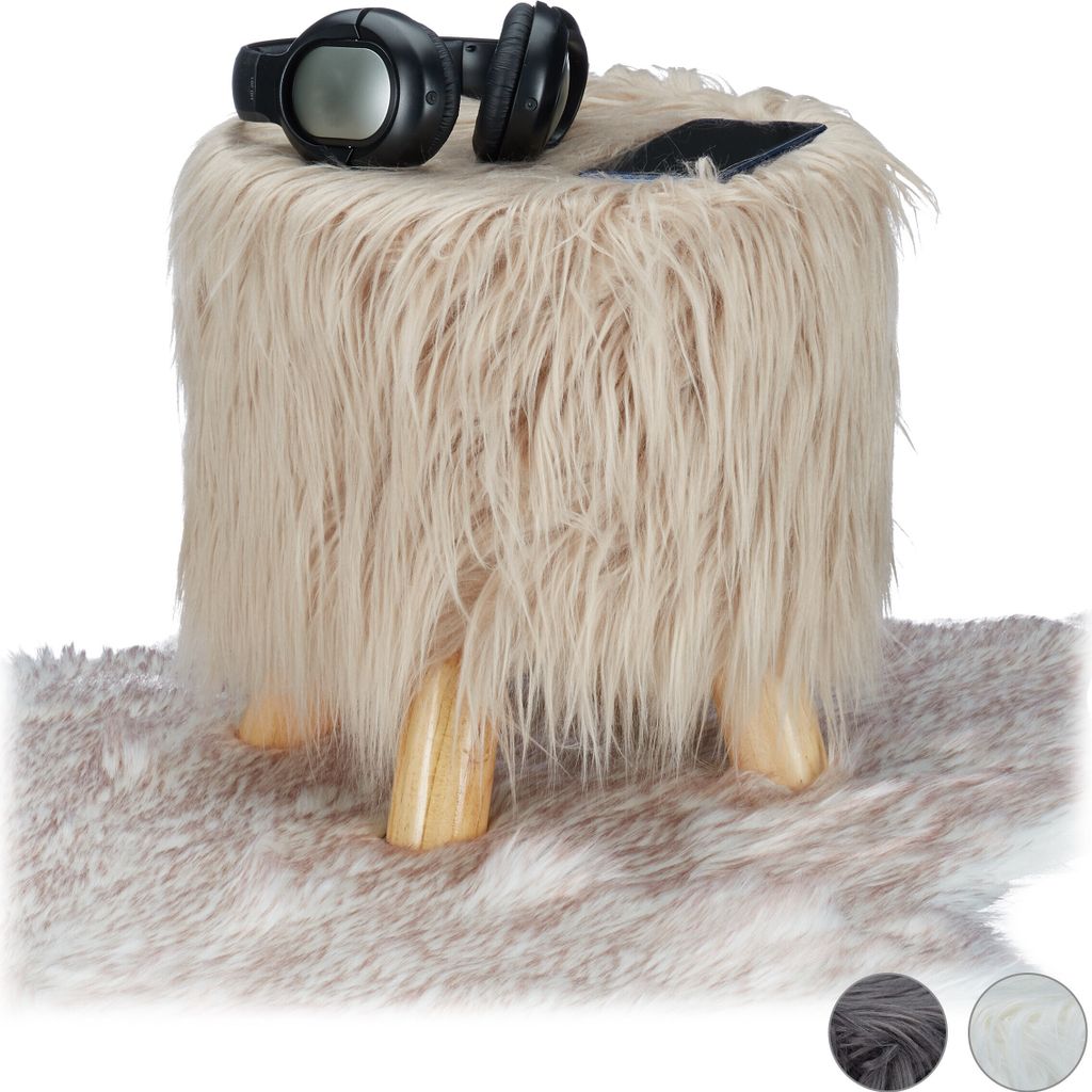 Relaxdays Fell Hocker, flauschig, 4 Holzbeine, gepolsterter Produktbild 
