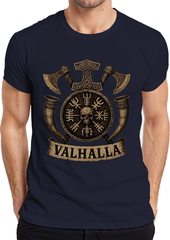 Wikinger Valhalla Runen Vegvisir Schild Schädel Äxte Hörner Retro Herren T-Shirt, Navy, M