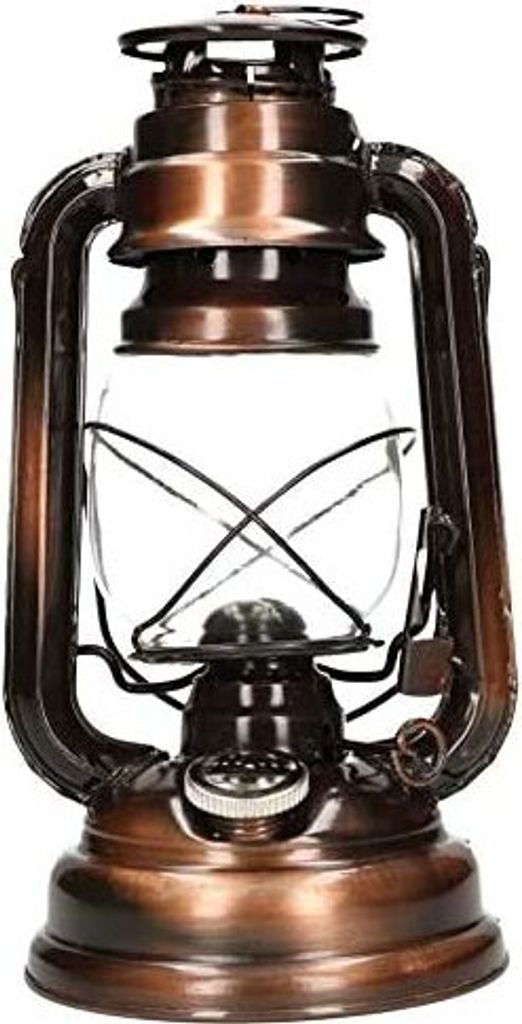 A close-up, front-facing studio shot of a bronze oil lantern with a clear glass globe.