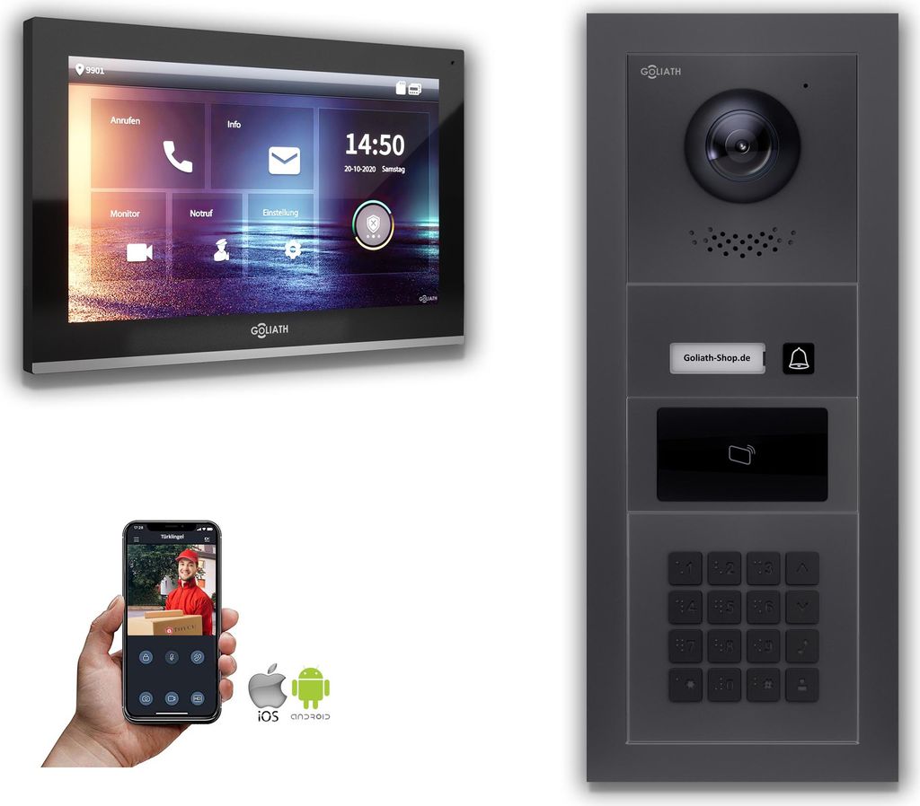 Goliath IP Video Türsprechanlage 1-Monitor Zahlencode RFID Anthrazit : 10 Zoll in Schwarz : Aufputzdose : 4er POE