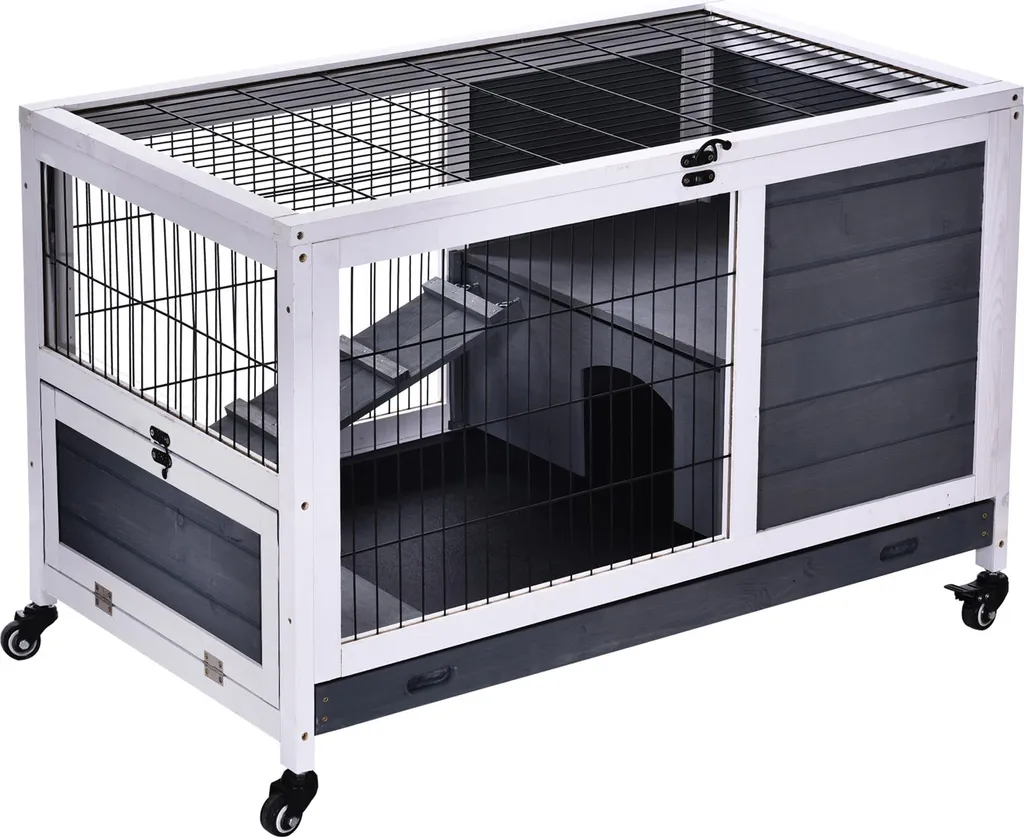 Cage Lapin Intérieur en Bois avec Roulettes et Plateau Amovible 90 cm Gris