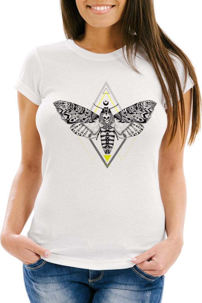 Damen T-Shirt Falter geometrische Formen Atzekenmuster Ethno Neverless weiß XXL