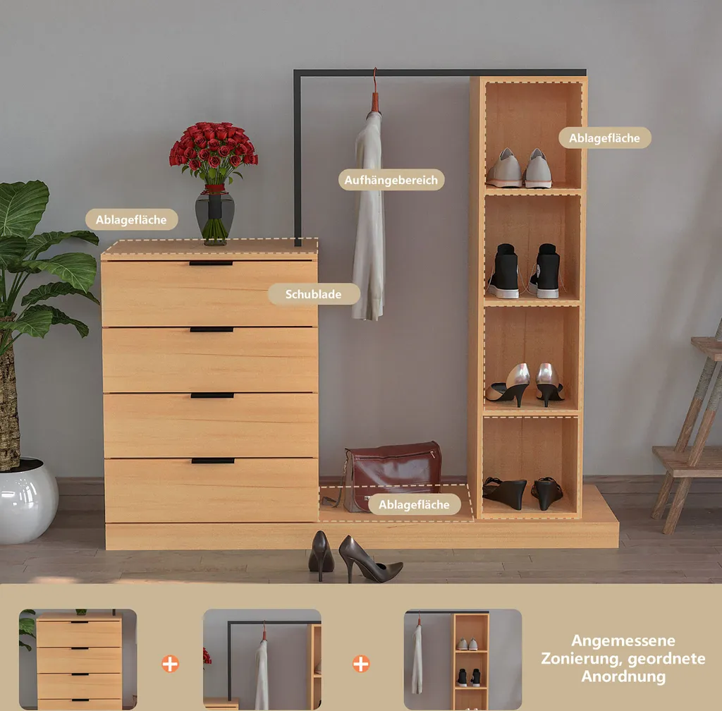 Commode WAOHO 4 tiroirs 4 étagères - Armoire entrée avec tringle métal - 4