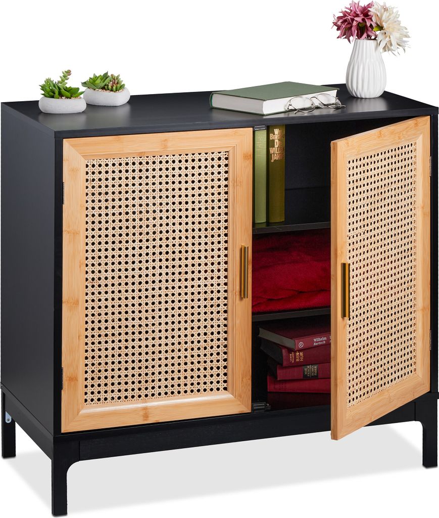 relaxdays Sideboard mit 2 Rattan-Türen