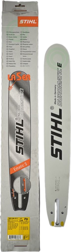A Stihl chainsaw bar and its packaging are shown side-by-side against a white background.