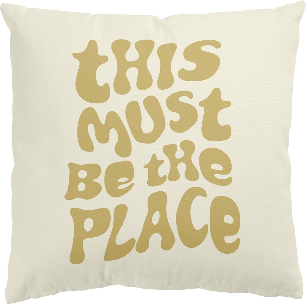Dekokissen Sprüche drinnen / Indoor Zierkissen Canvas waschbar Motivation beige Sofakissen ohne Füllung