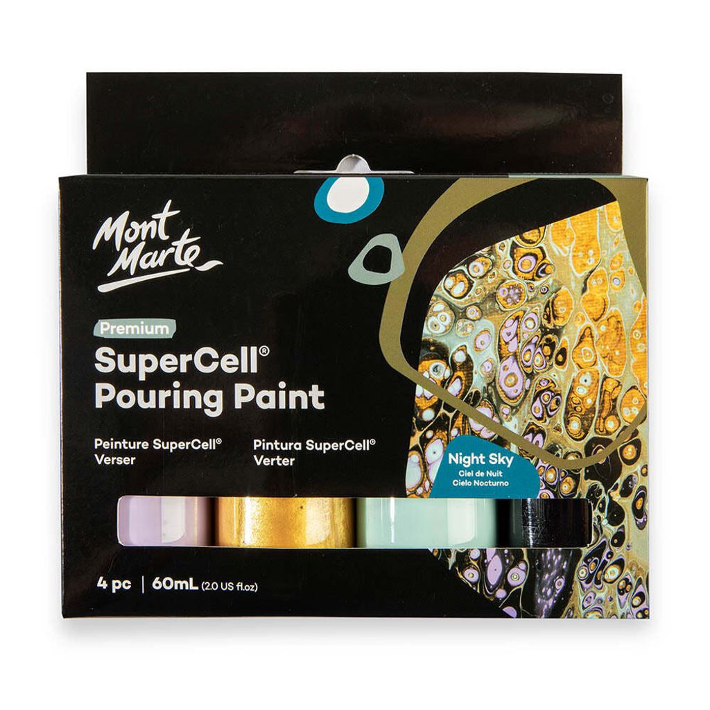 Mont Marte SuperCell Pouring Acrylfarbe Set, Gieß-Acryl, je 4 x 60 ml, Farbe NIGHT SKY, Untereinander vermischbar & bereits mit Medium vorgemischt