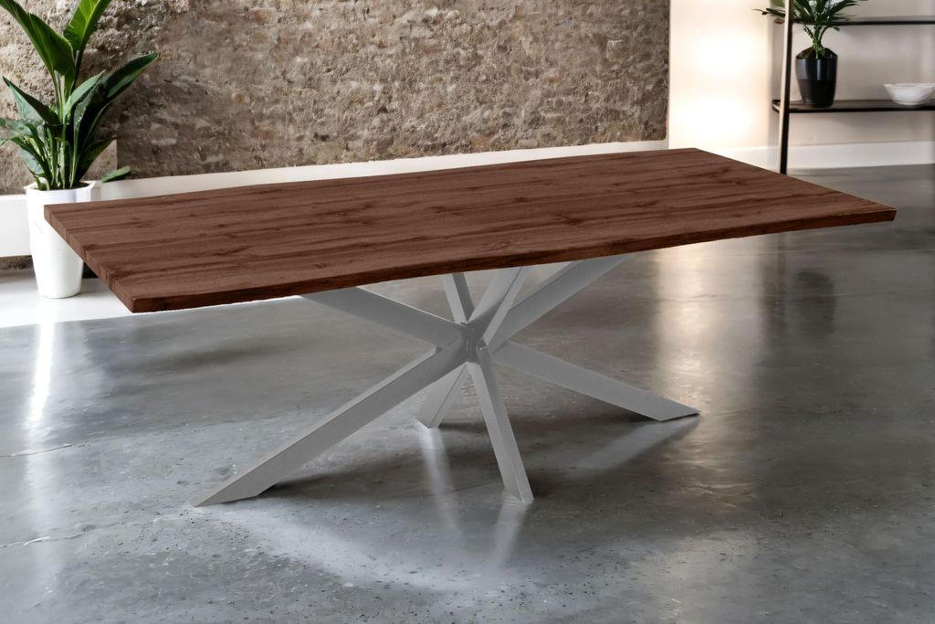 Esstisch Josy | 240 x 100 cm | Holz Nussbaum-Optik | Spider-Gestell Metall Silber | 40 mm Tischplatte mit Baumkante | Tisch für Esszimmer & Küche