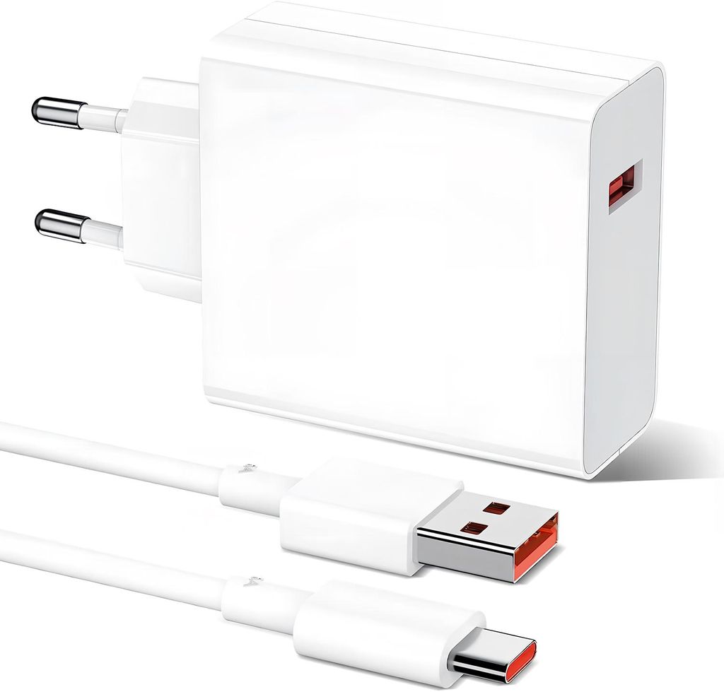 A white USB charger and a white USB-C cable are displayed on a white background.