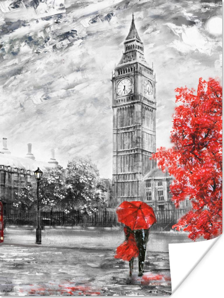 MuchoWow Poster Gemälde - Big Ben - Rot - Regenschirm 60x80 cm - Schlafzimmer Dekoration