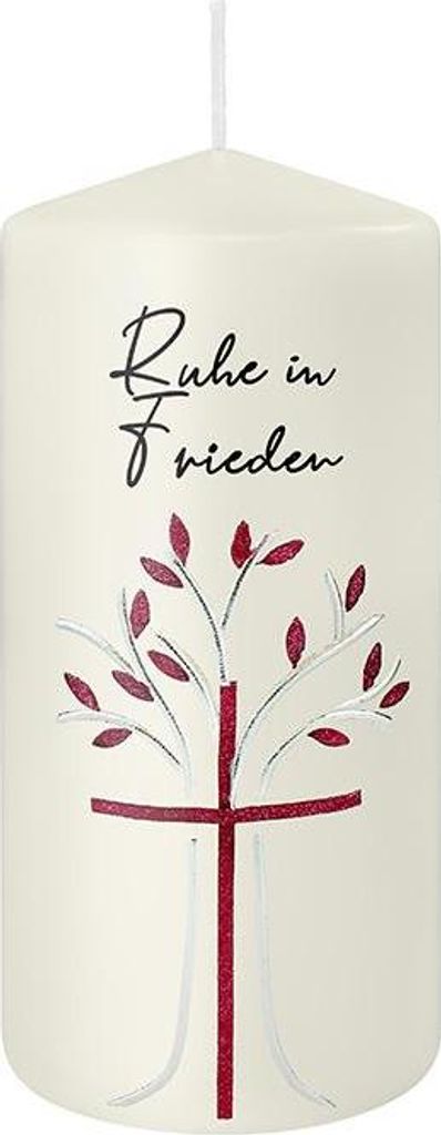 INNA-GLAS Trauerfeier Kerze PHEODORA, Ruhe in Frieden, verziert, elfenbein-silber-pink, 15cm, Ø6,8cm - Germany - Trauerkerze