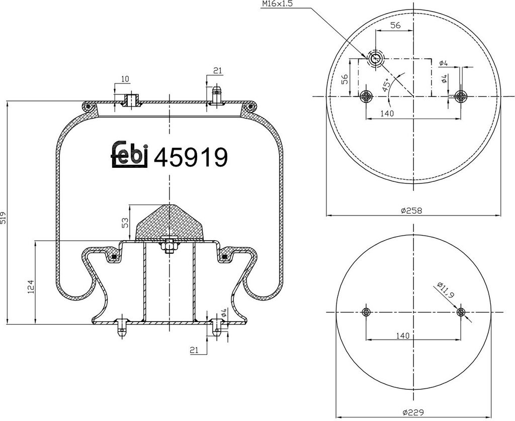 FEBI BILSTEIN Luftfederbalg Federbalg 45919 Vorne für SCANIA 4 - series bus 124 519mm 258 229mm 8,0kg