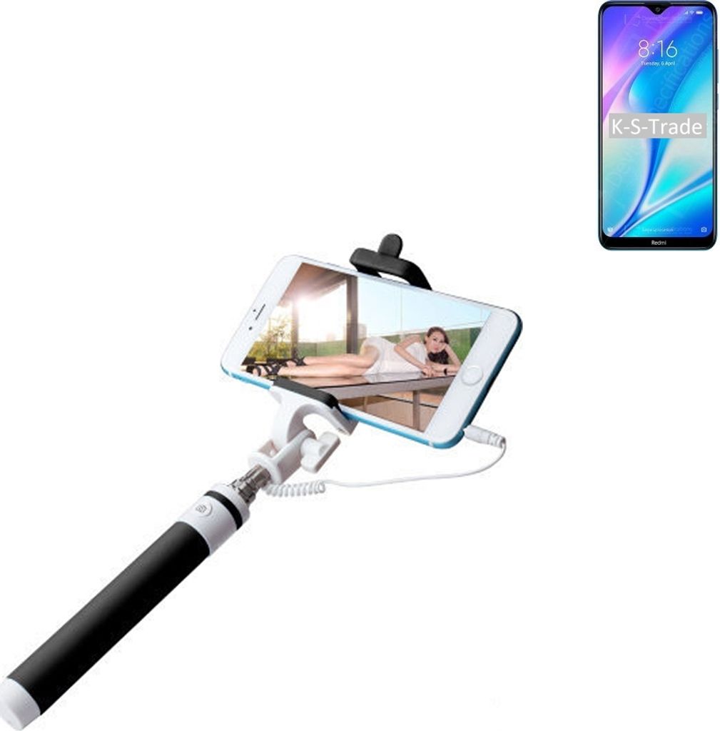K-S-Trade Selfie Stick kompatibel mit Xiaomi Redmi 9C Selfiestick kabelgebunden Monopod mit Kabel Stab Stange Selfportrait Handheldstick schwarz 1x