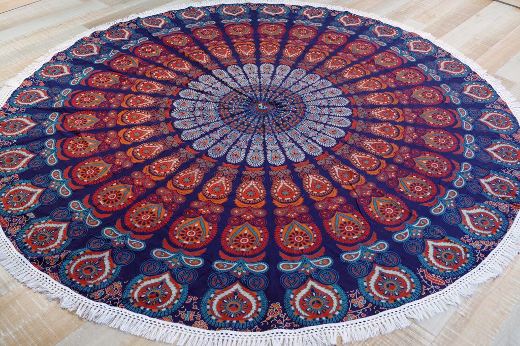 Rundes Indisches Mandala Tuch, Boho Tagesdecke, Picknickdecke, Stranddecke, Runde Tischdecke - Blau/orange, Baumwolle, 180*180*0,5 cm, Bettüberwur...