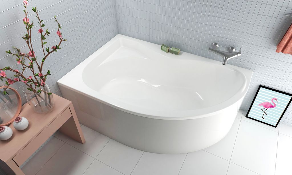 ECOLAM Badewanne Eckwanne Eckbadewanne Acryl weiß Dora 170x110 cm LINKS + Schürze + Ablaufgarnitur Ab- und Überlauf Automatik Füße Silikon