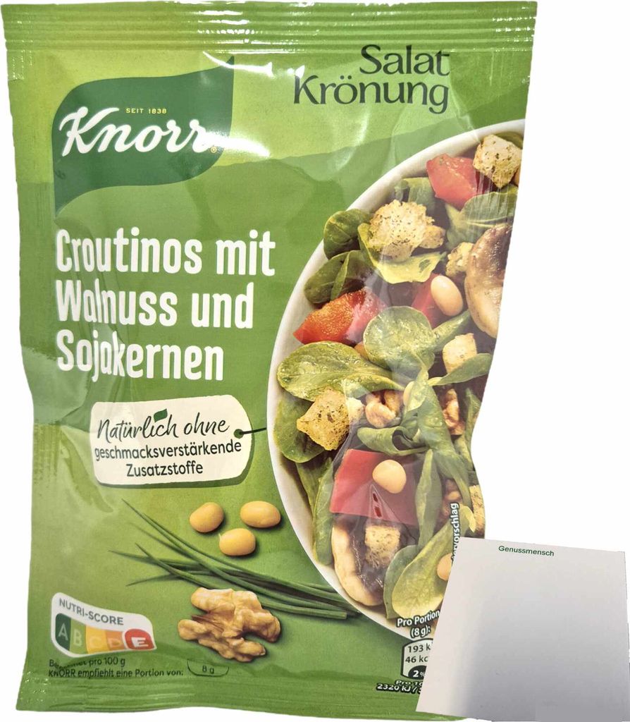 Knorr Salatkrönung Croutinos mit Walnuss und Sojakernen (25g Packung) + usy Block