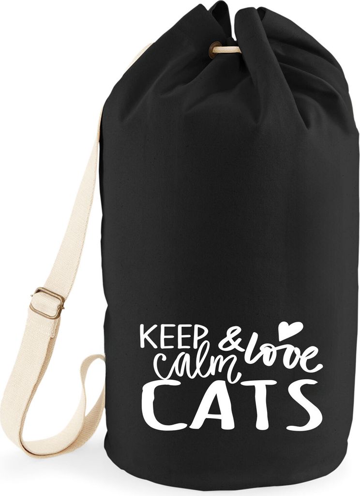 Huuraa Seesack Keep calm and love Cats 20 Liter Black Baumwolle Rucksack Geschenkidee