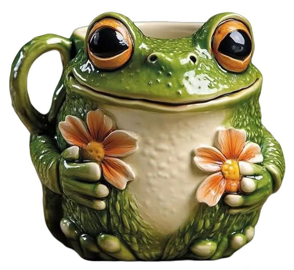 Keramikbecher in Froschform mit kleinen Blümchen, glatte Oberfläche, Kaffee- oder Teetasse für einen fröhlichen Morgen, gemütliches Waldmotiv,...
