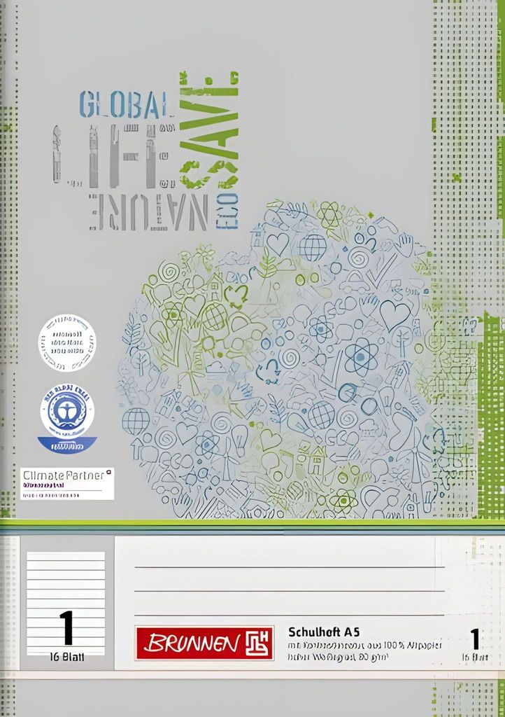 BRUNNEN Schulheft A5 Lineatur 1 16 Blatt Recyclingpapier 104518101
