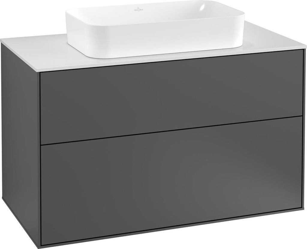 Villeroy & Boch Finion Waschtischunterschrank, 2 Auszüge, Waschbecken mittig, ohne Hahnloch, 1000x603x501mm, Glass White Matt, F64100HG