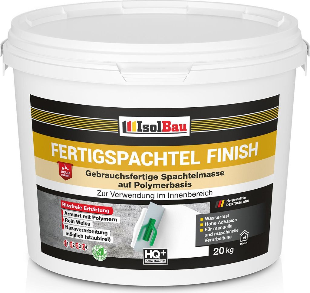 Isolbau Fertigspachtel Finish 20 kg, Glättspachtel Fugenspachtel, Gebrauchsfertige Polymer-Gips Fertig-Spachtelmasse für innen, Weiß Q1-Q8