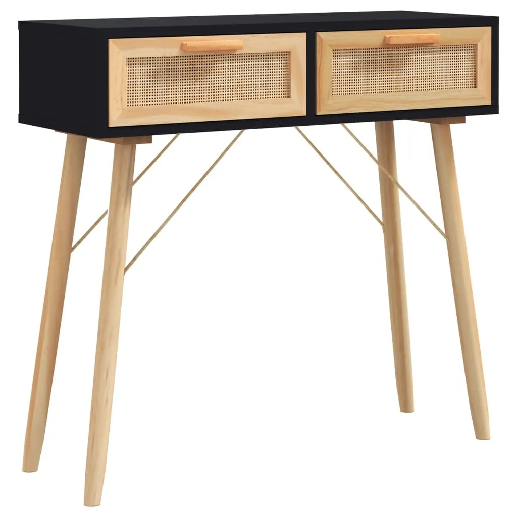 Consolle Nera 80x30x75cm Legno di Pino e Rattan | Offerta Esclusiva