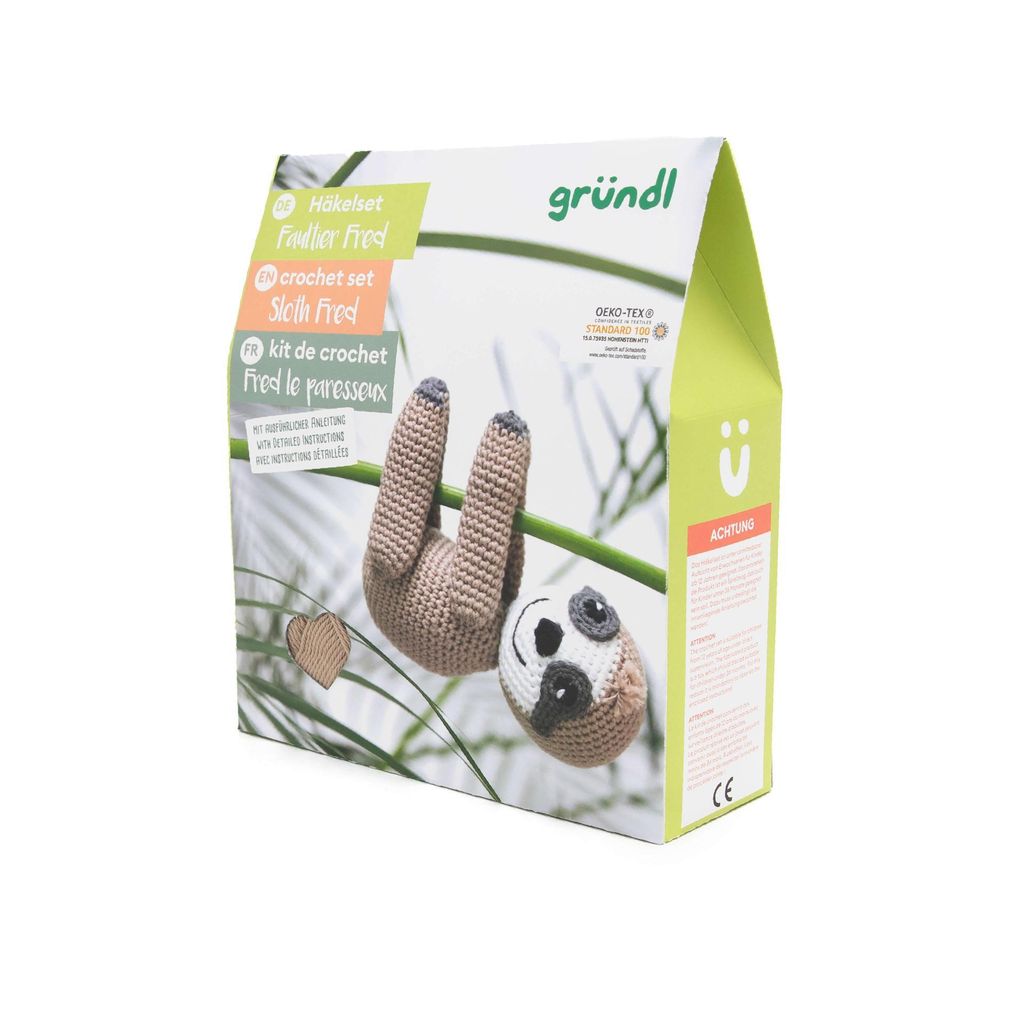 Gründl Häkelset kpl. Waschbär, Lama, Faultier oder Dino, alles dabei Set 3 Faultier Fred