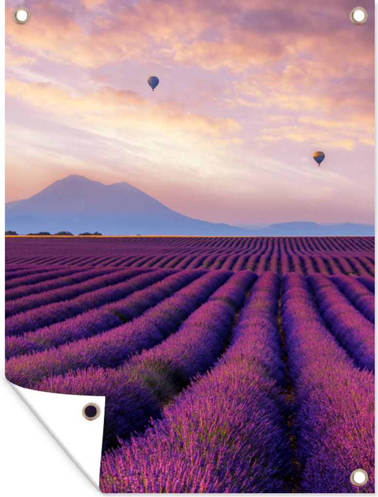 MuchoWow 90x120 cm Outdoor-Poster Gartendeko Sichtschutz Garten Poster für den Garten Lavendel - Heißluftballon - Berg - Lila