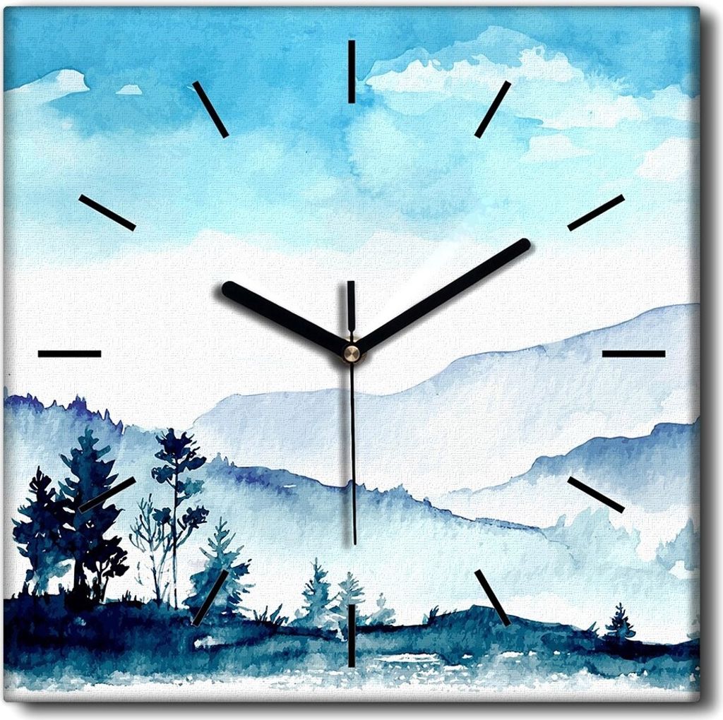 Coloray Uhr auf Leinwand 30x30 cm Wand Uhr Dekoration Wohnzimmer Segeltuch schwarze Hände -Aquarelle Berge Nature.