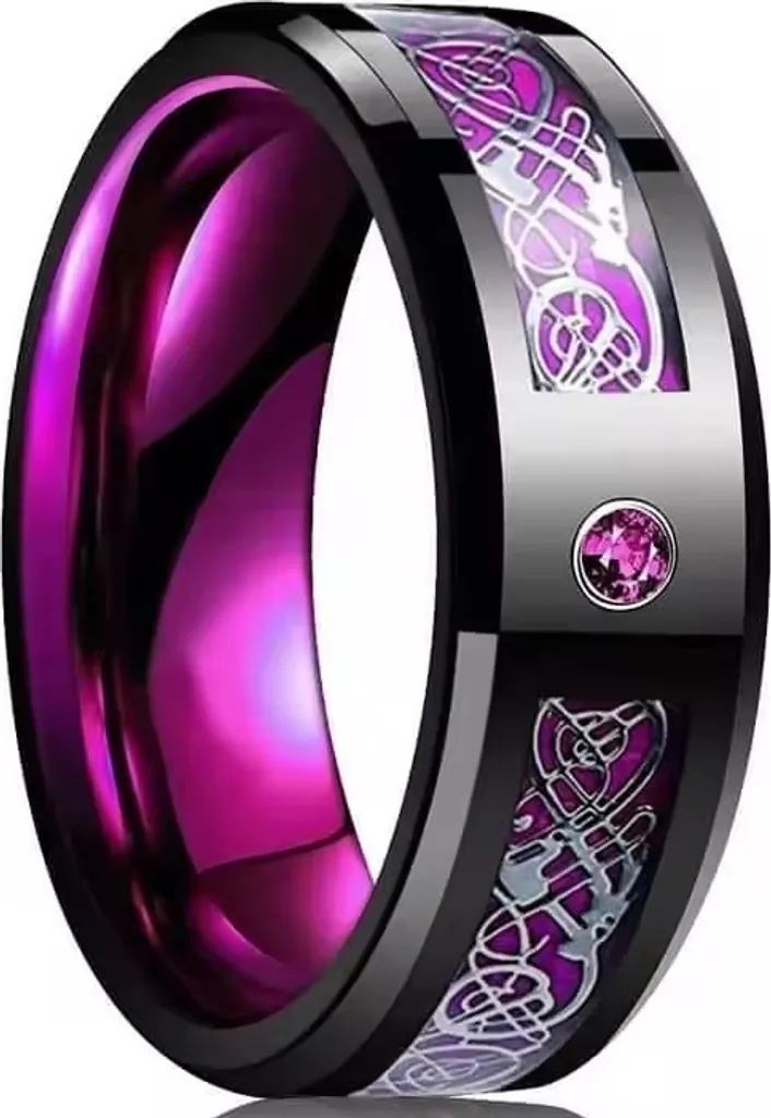 Fede Uomo Nera e Viola Design Drago Celtico - Carburo di Tungsteno