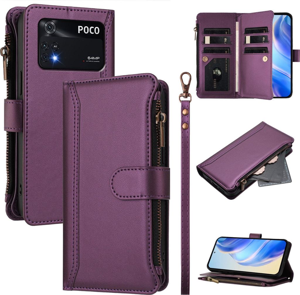 Handyhülle für Xiaomi Poco M4 Pro 4G Reißverschluss Geldbörse Kunstleder Klapphülle mit Kartensteckplatz, Ständer, Handschlaufe Lila