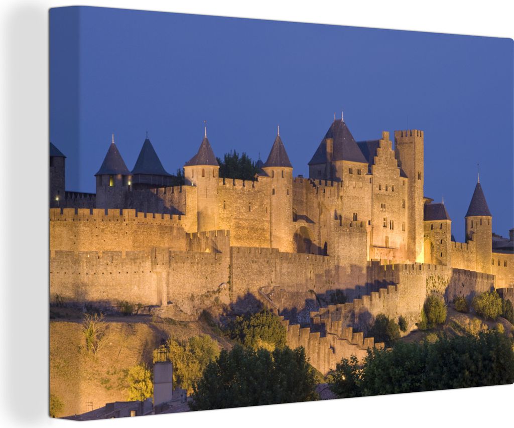 OneMillionCanvasses - Leinwandbilder - 150x100 cm, Carcassonne - Beleuchtung - Schloss, Wandbilder Kunstdruck Wanddekoration
