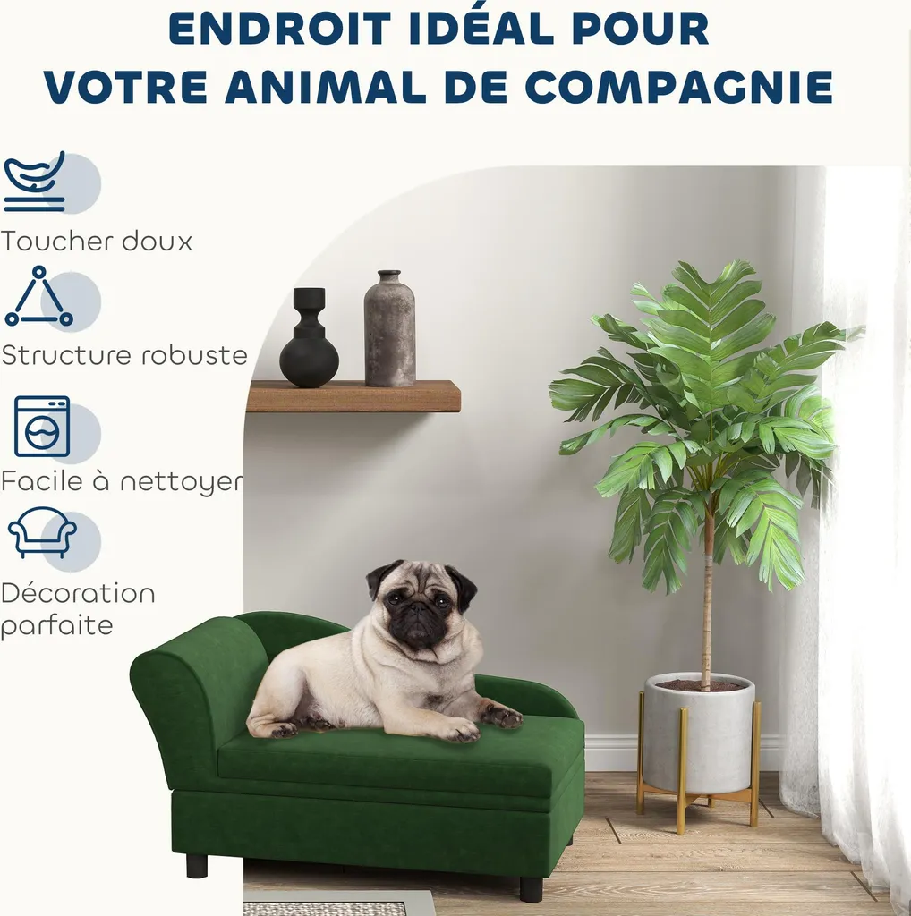 Canapé Chien Confortable Vert avec Coffre et Coussin Lavable 76 cm - 3