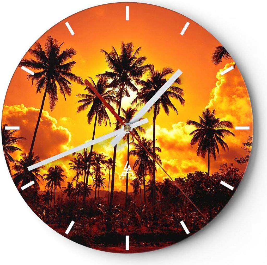 Wanduhr - Rund - Glasuhr - Palmen Bäume Sonne - 30x30cm - Schleichendes Uhrwerk - Lautlos - zum Aufhängen bereit - Dekoration Modern - Wanddekora...