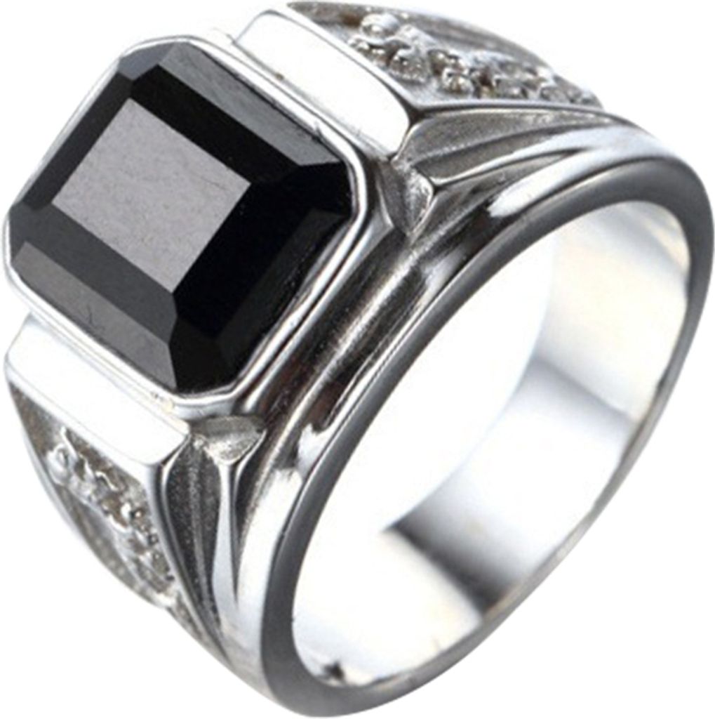Retro Drachenschnitzerei Quadratischer Strass Kupfer Fingerring Herren Schmuck Dekor Geschenk-Silber + Schwarz,Men US 8