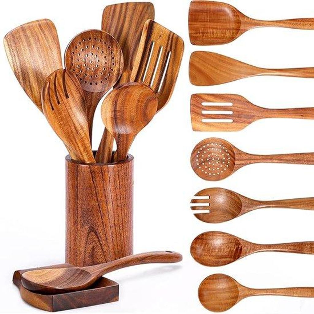 Holz-Küchen-Set mit 9 Teilen, inklusive Holzhalter, für vielseitige Verwendung
