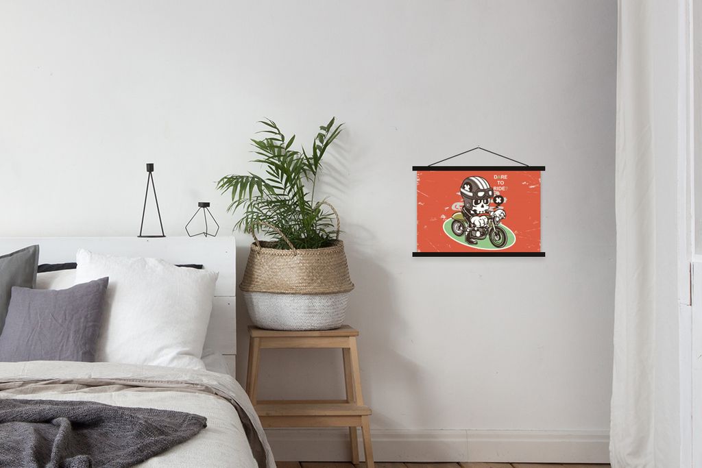 MuchoWow Textilposter Vintage - Totenkopf - Motor 60x40 cm mit schwarzem Rahmen - Hölzernes