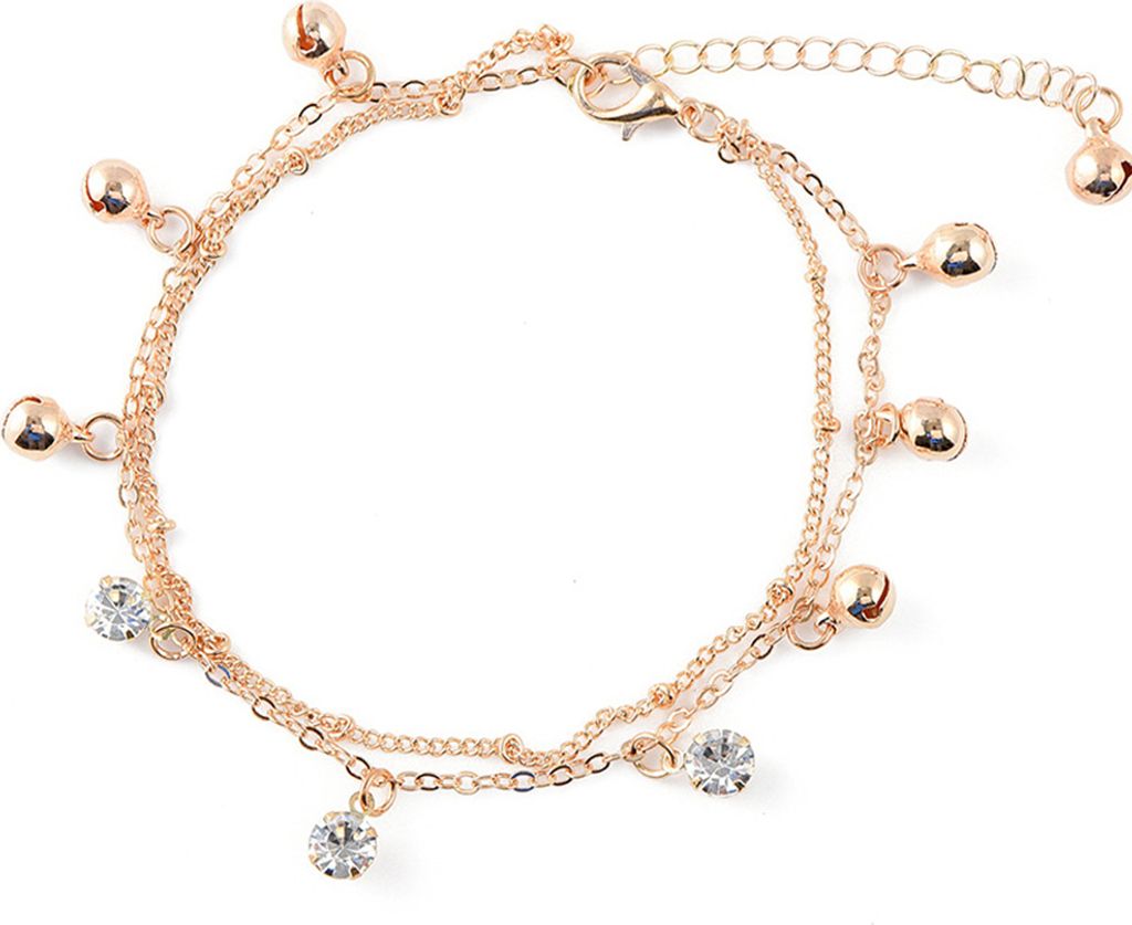 Frauen Glocke Strass Charme Doppelschicht Fußkettchen Fuß Armband Strand Schmuck-Golden