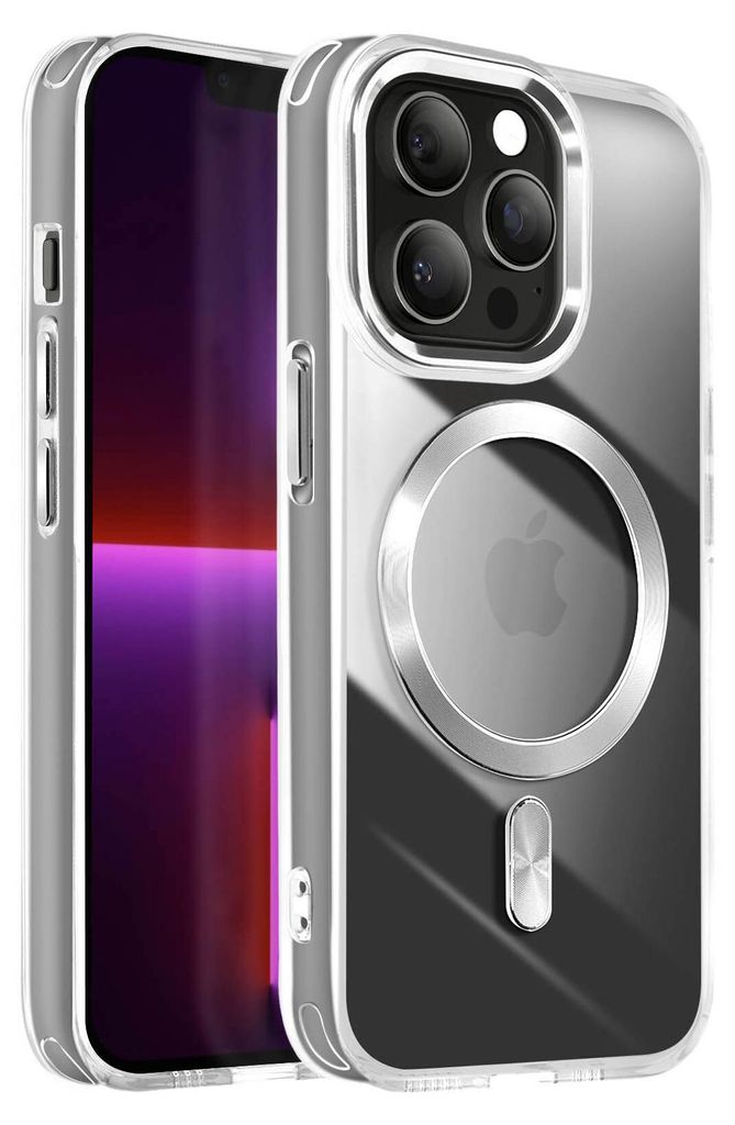 A clear, studio shot of an iPhone 13 Pro Max with a clear MagSafe case, showcasing the phone's camera array and the case's magnetic ring.