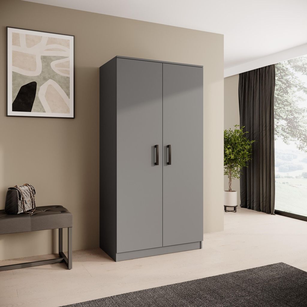 BEAUTYSOFA | Drehtürenschrank TREND 90 cm Graphite, Moderner Kleiderschrank mit Kleiderstange & Regalen - Soft-Close-System