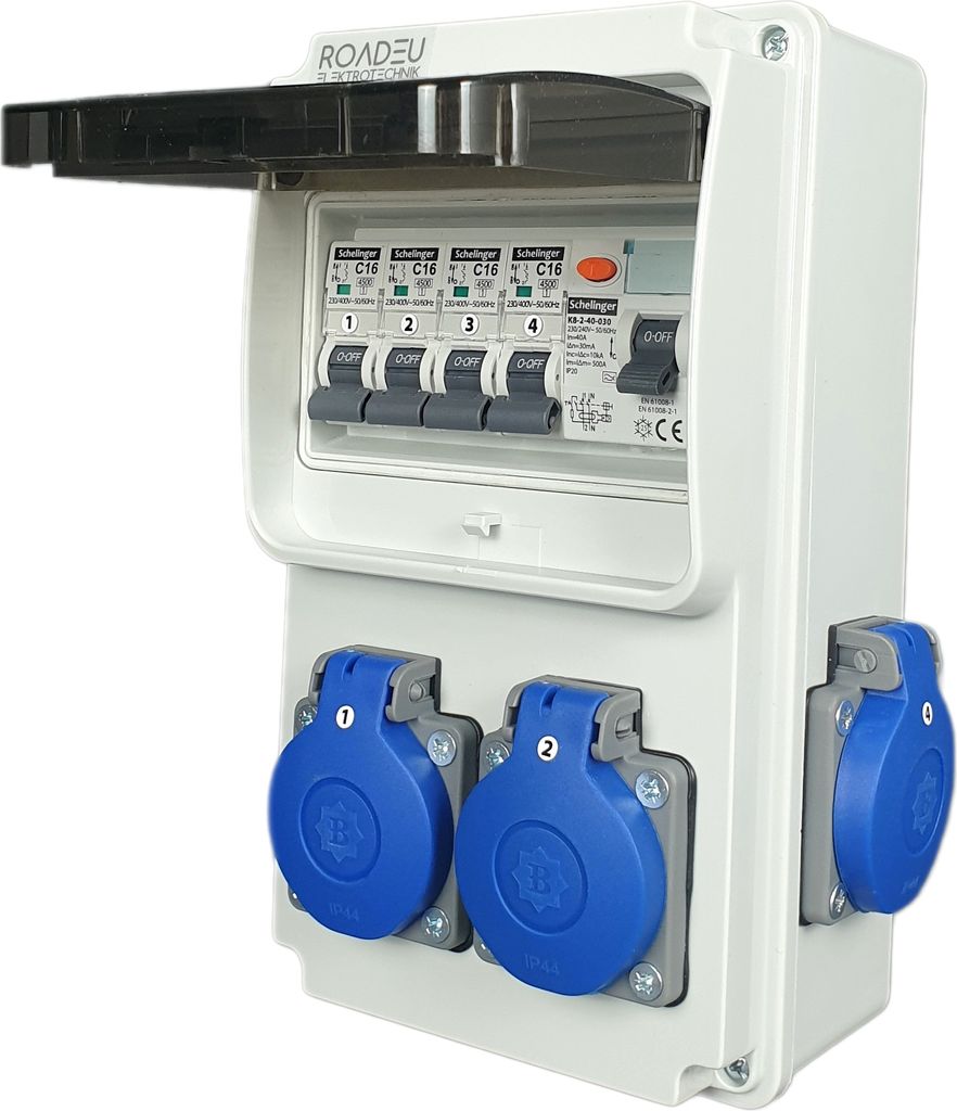 Stromverteiler 230V, 4x Schuko Steckdose mit Schalter, Steckdosenverteiler mit Fi Schutzschalter 40A, 4x C 16A. Baustromverteiler IP44.