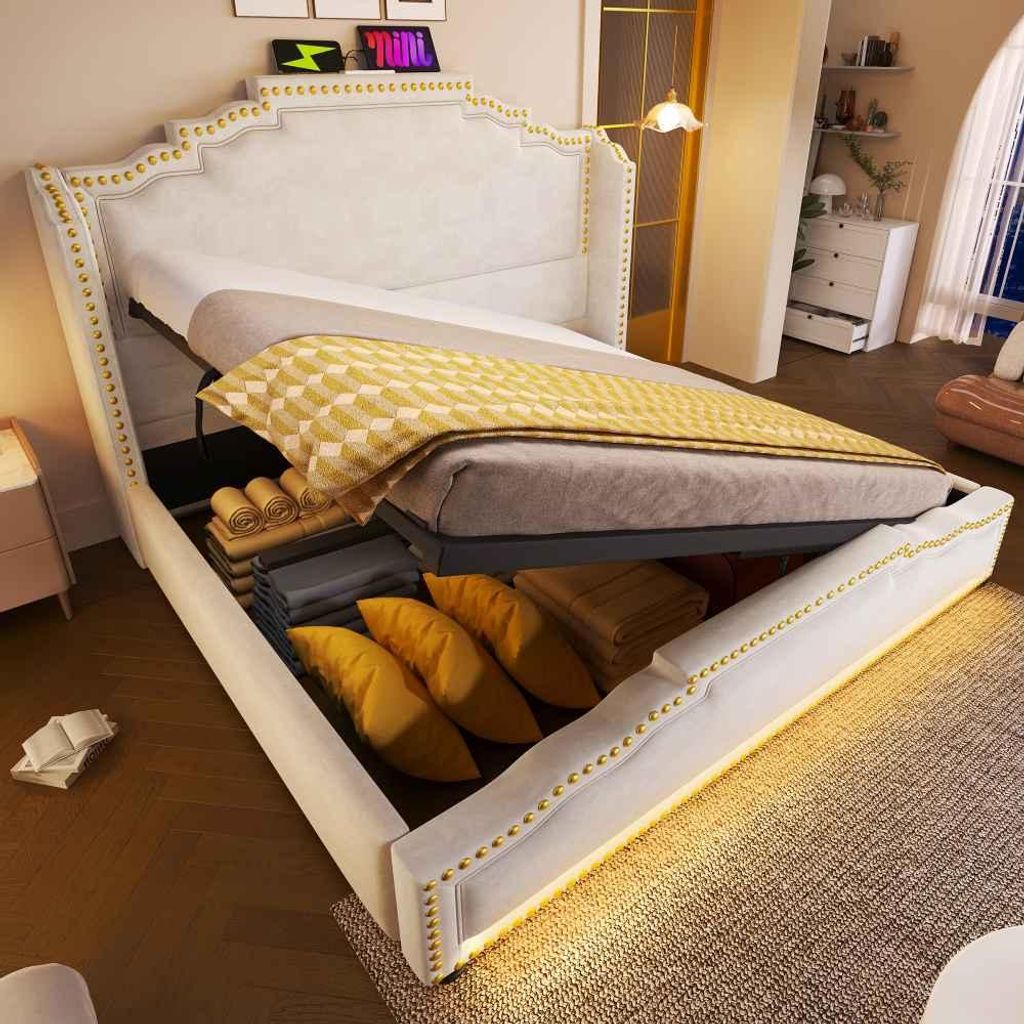 Samt-Polsterbett mit LED & USB-C Ladefunktion, Stauraumbett für Schlafzimmer & Jugendzimmer, inklusive Lattenrost, Platzsparend, 140x200, Beige