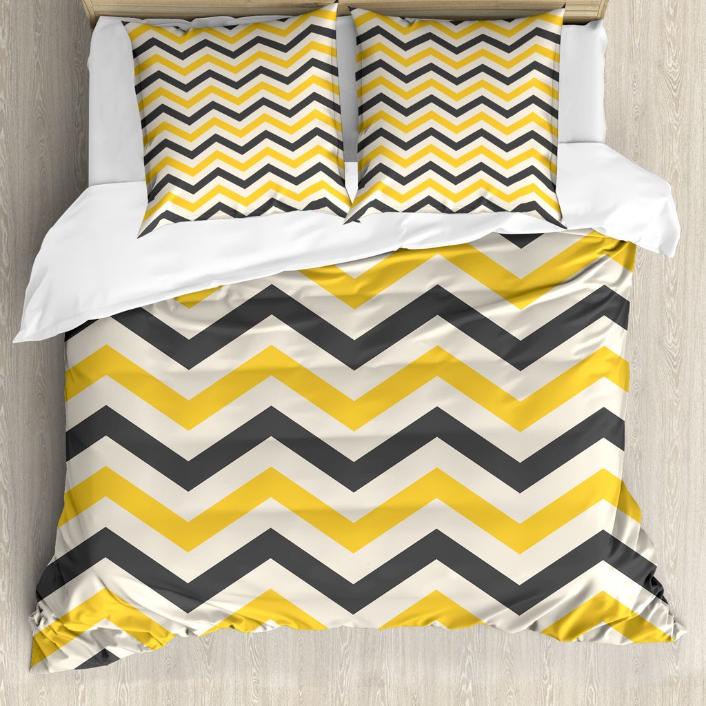 ABAKUHAUS Yellow Chevron Bettbezug, große Zigzags, Milbensicher Allergiker geeignet mit Kissenbezügen, 200 cm x 200 cm - 80 x 80 cm, Charcoal Gra...